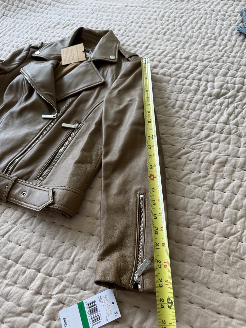 Michael Kors Women's Belted Leather Moto Coat Husk L NWT $480 - Picture 10 of 16